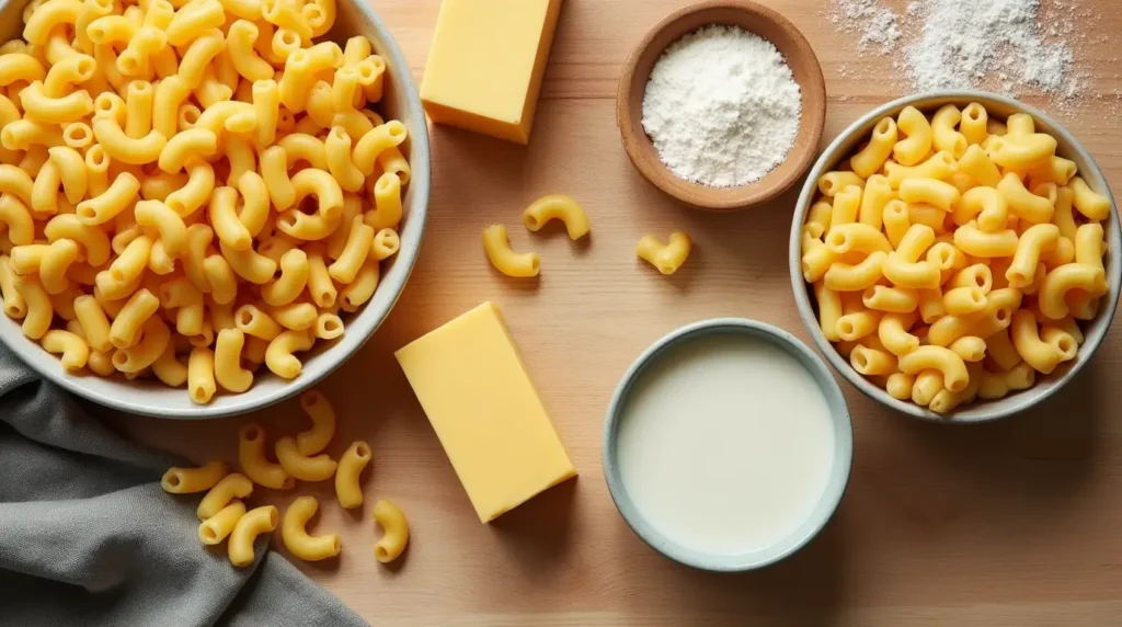 Main ingredients for mac and cheese: macaroni, Cabot cheese, milk, butter, and flour on a rustic wooden surface.