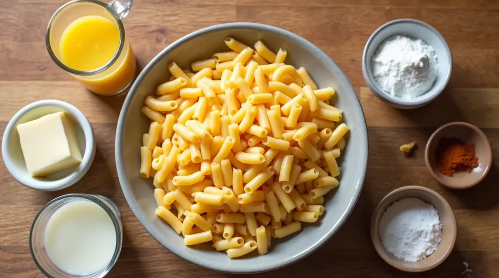 Ingredients for white cheddar mac and cheese, including pasta, cheese, butter, milk, and flour arranged on a wooden surface.