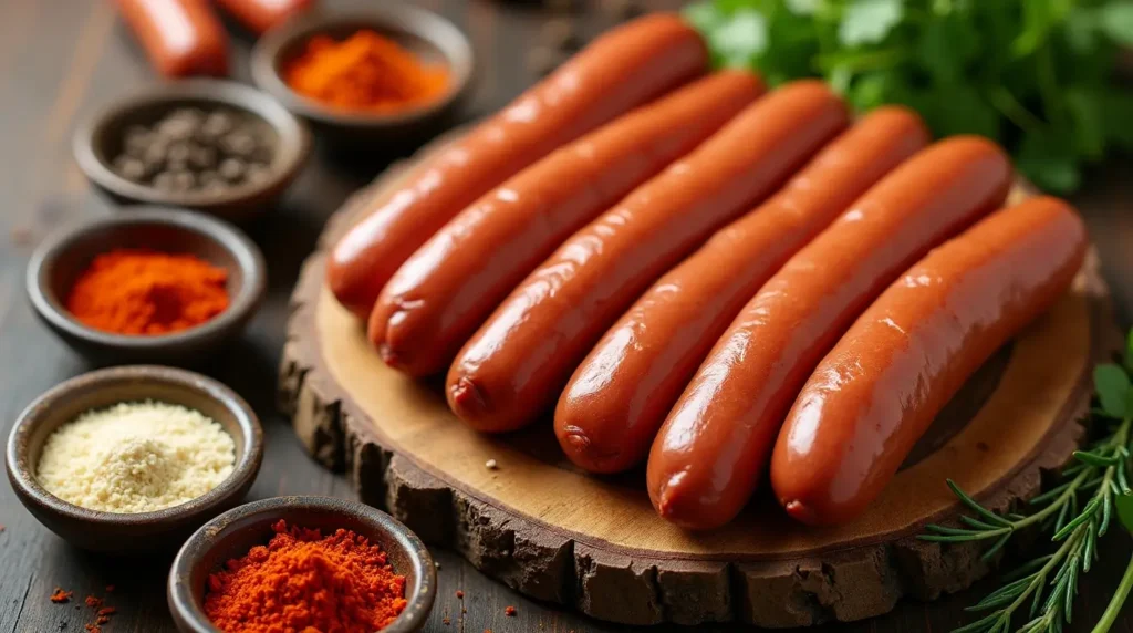 Turkey hot dogs on a wooden board surrounded by bowls of spices and rubs, including paprika, garlic powder, smoked paprika, and fresh herbs.