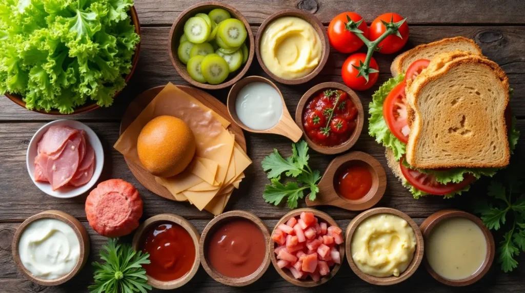 An assortment of fresh toppings and spreads for a Dagwood Sandwich, including lettuce, tomatoes, pickles, deli meats, cheeses, and condiments, displayed on a rustic wooden table.