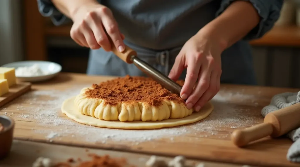 Preparing cinnamon danish dough with cinnamon sugar mixture on a wooden surface.