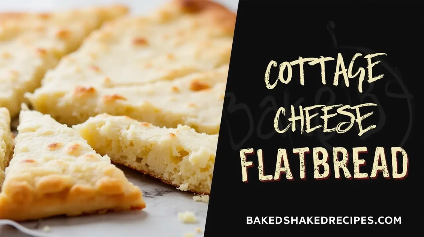 Cottage Cheese Flatbread: 5 Ways To Make It Perfect Every Time 3 A divided image with Cottage Cheese Flatbread on the left, showing the texture and filling, and the title 'Cottage Cheese Flatbread' with the website 'bakedshakedrecipes.com' on the right.