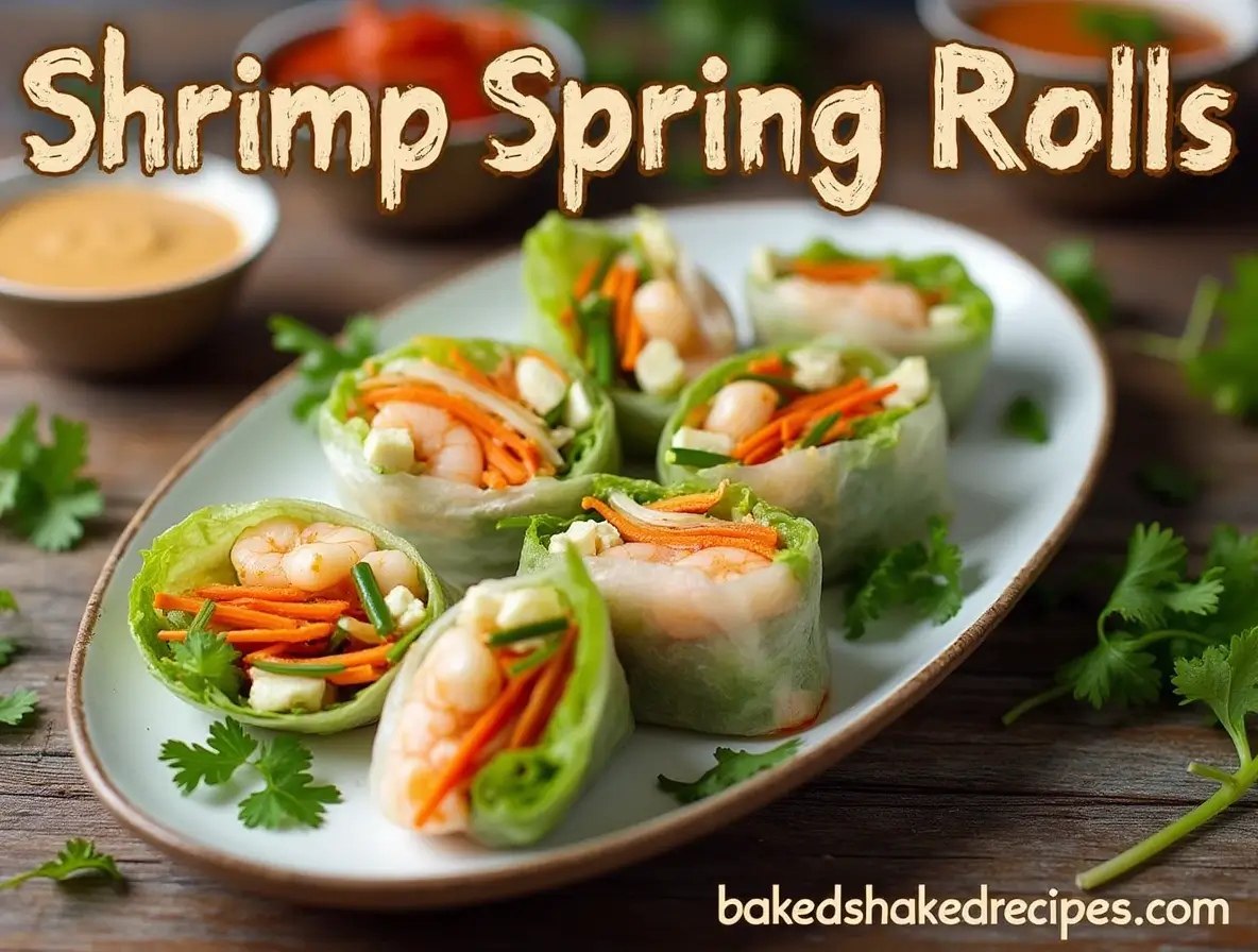 A plate of shrimp spring rolls filled with fresh shrimp, vegetables, and rice noodles, served with dipping sauces on a wooden table.