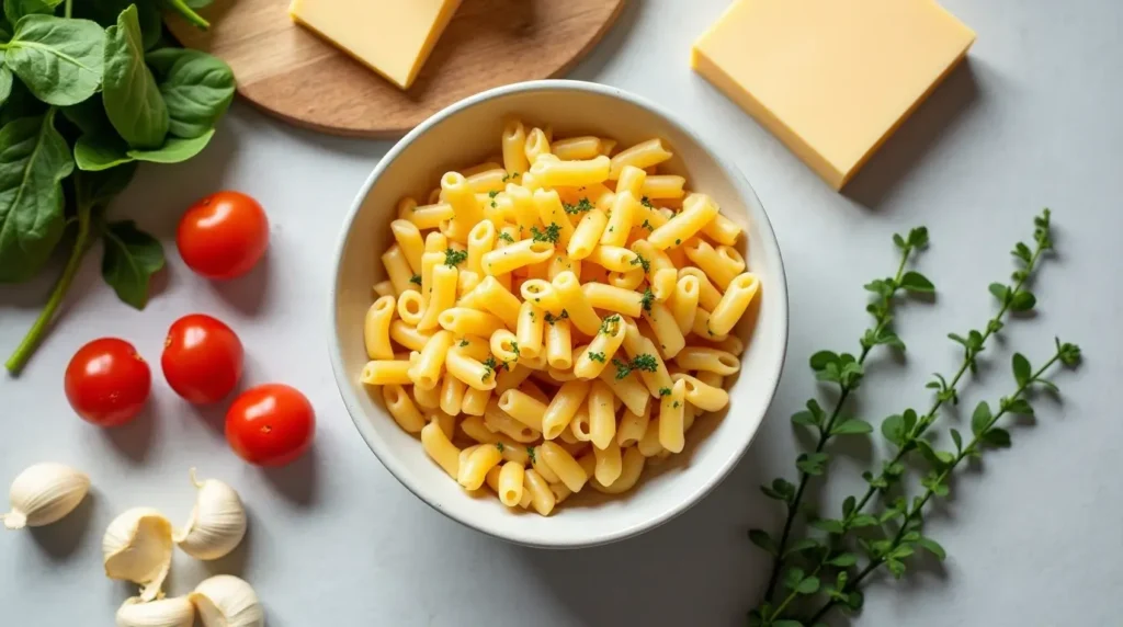 Bowl of protein mac and cheese surrounded by fresh ingredients like macaroni pasta, protein cheese, spinach, cherry tomatoes, garlic, and herbs.