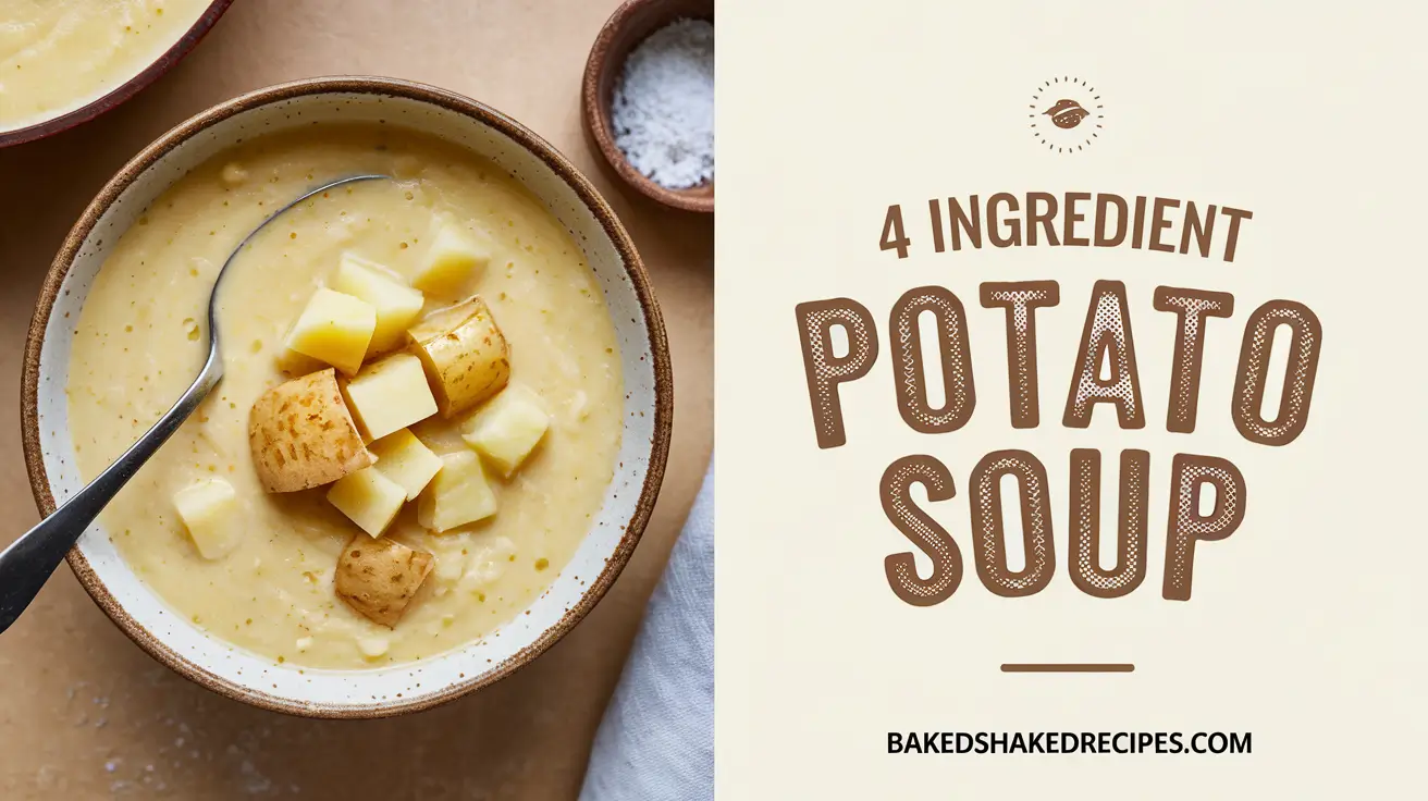 A split image with creamy potato soup on the left side and the title "4 Ingredient Potato Soup" in bold, rustic font on the right, with the website 'bakedshakedrecipes.com' below.