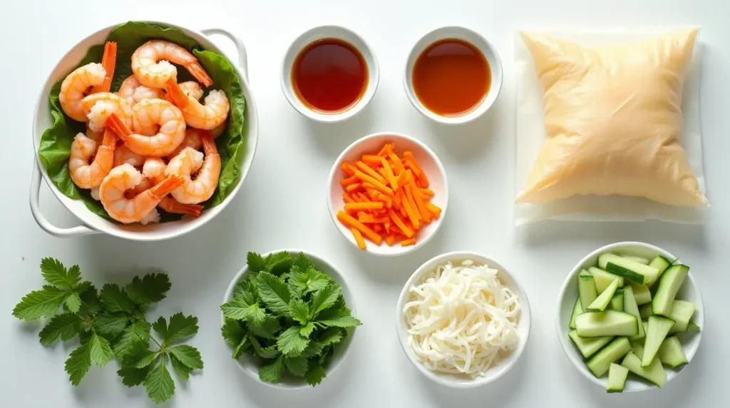 Key ingredients for shrimp spring rolls, including shrimp, rice paper wrappers, noodles, vegetables, and herbs, arranged on a white surface with a small bowl of dipping sauce.