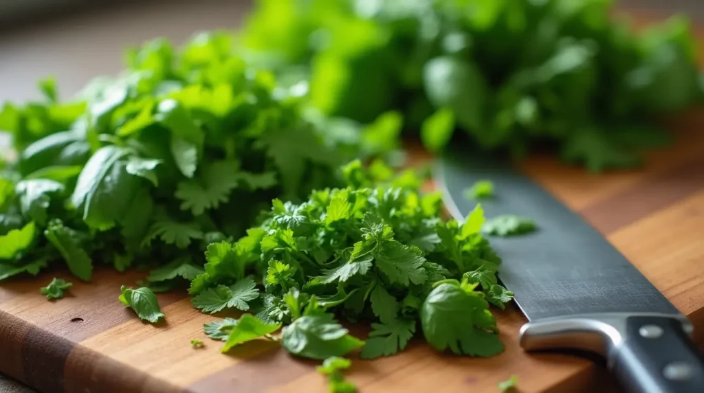 Fresh herbs, including mint, cilantro, and basil, being prepared on a wooden cutting board with a knife beside them, ready for shrimp spring rolls.