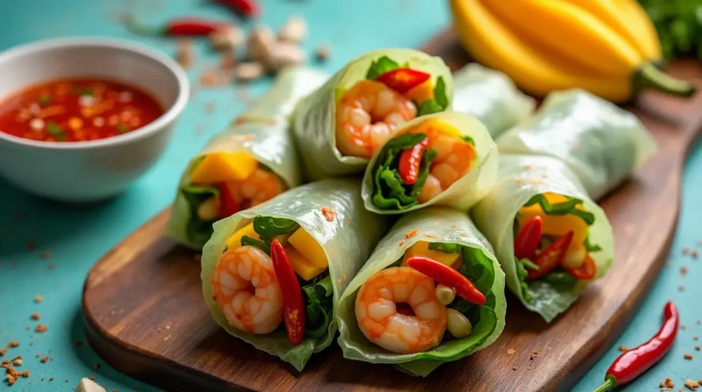 Spicy shrimp and mango spring rolls with colorful layers of shrimp, mango, and vegetables on a wooden platter, accompanied by a bowl of chili garlic sauce.