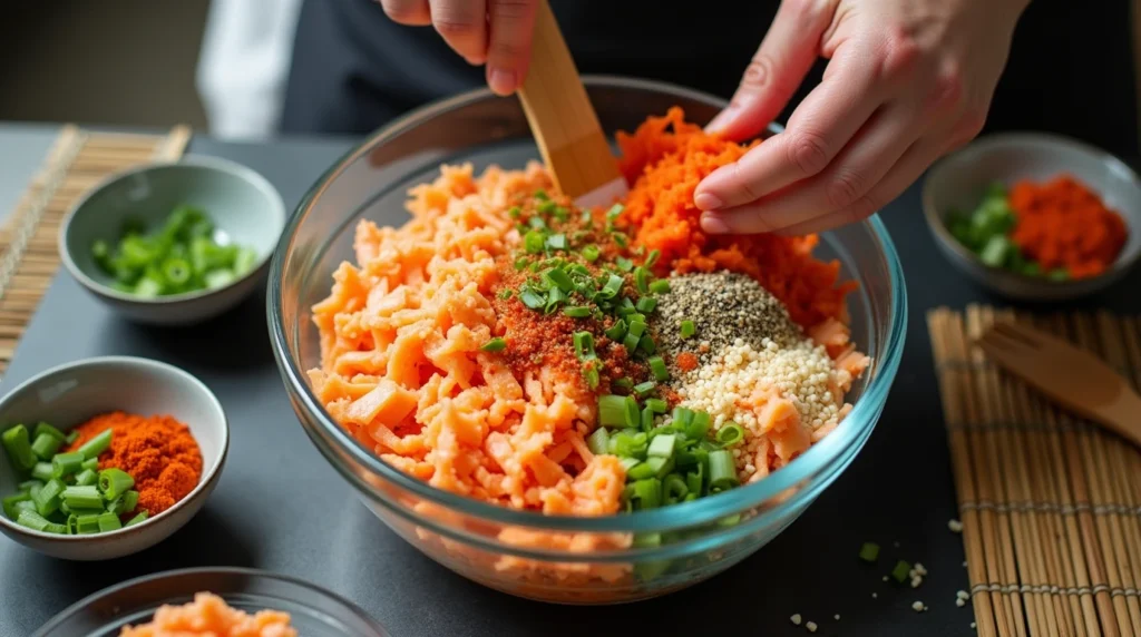 Chef mixing spicy crab filling in a bowl with shredded crab meat, spicy mayo, and seasonings, surrounded by sushi tools and fresh ingredients.