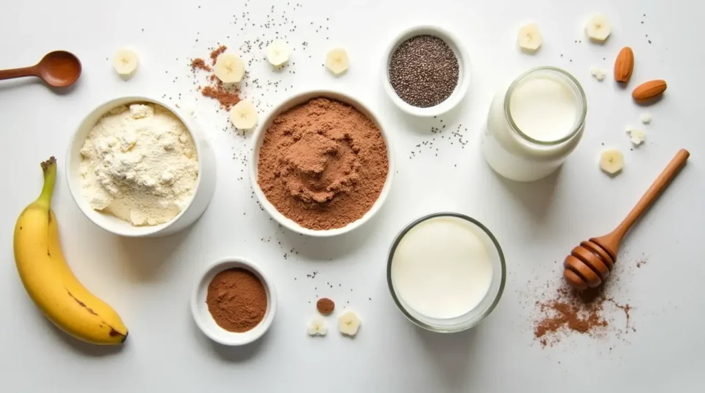 Flat lay of common protein pudding ingredients including whey protein powder, chia seeds, Greek yogurt, almond milk, cocoa powder, bananas, and honey on a white background.