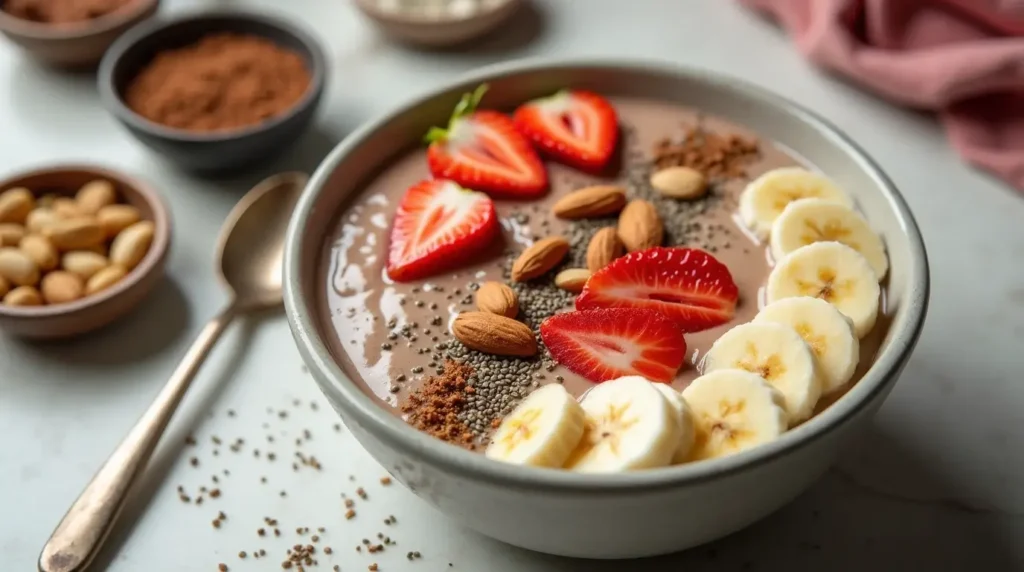 A bowl of protein pudding topped with strawberries, bananas, chia seeds, almond butter, and a drizzle of honey, surrounded by healthy flavor boosters like cocoa powder, vanilla, and nuts.