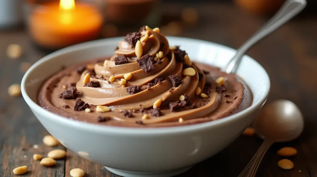 A bowl of chocolate peanut butter protein pudding topped with peanut butter swirls, chocolate shavings, and crushed peanuts on a wooden table.