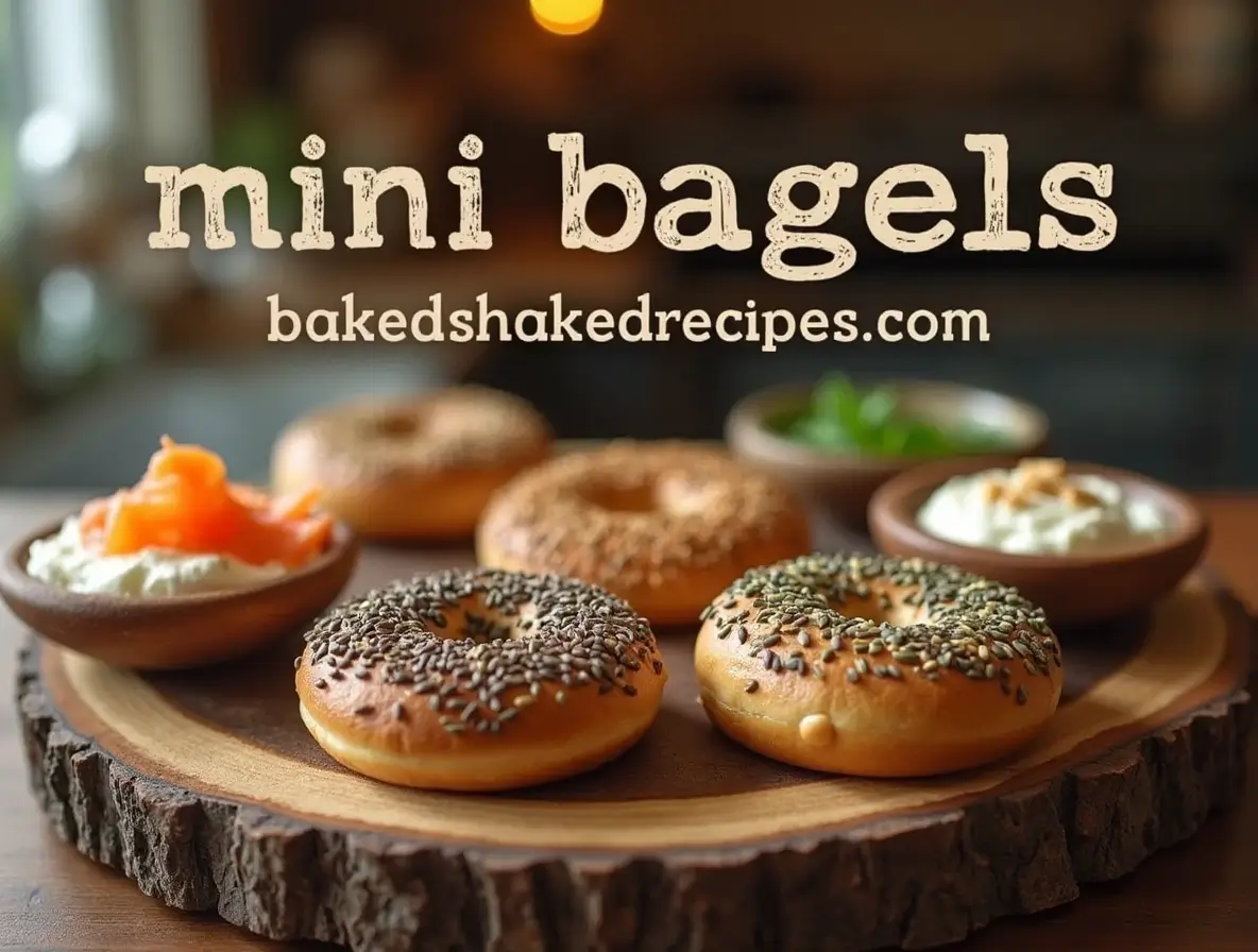 An assortment of freshly baked mini bagels with sesame and poppy seed toppings, served with cream cheese, smoked salmon, and fresh herbs on a rustic wooden board.