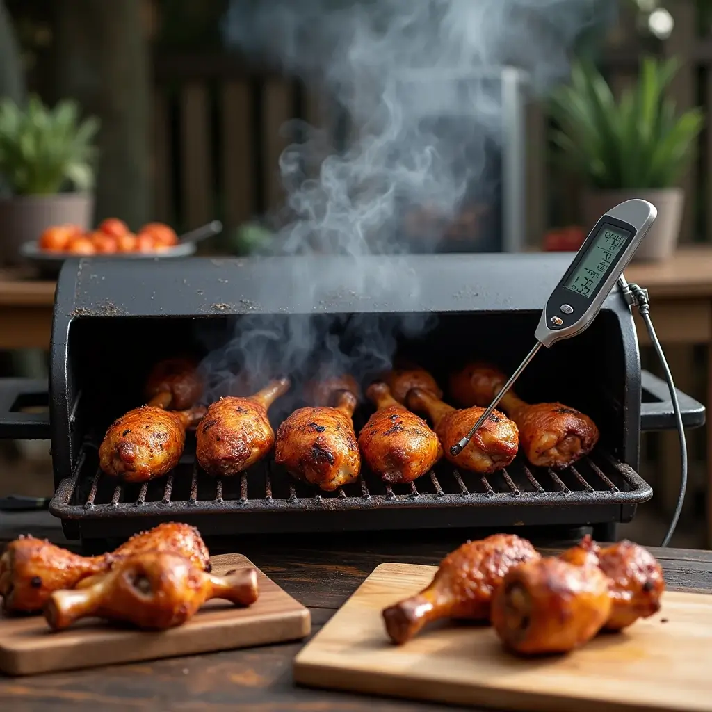 Smoked chicken drumsticks on an outdoor smoker, with a meat thermometer checking the temperature and rested drumsticks on a wooden board nearby.