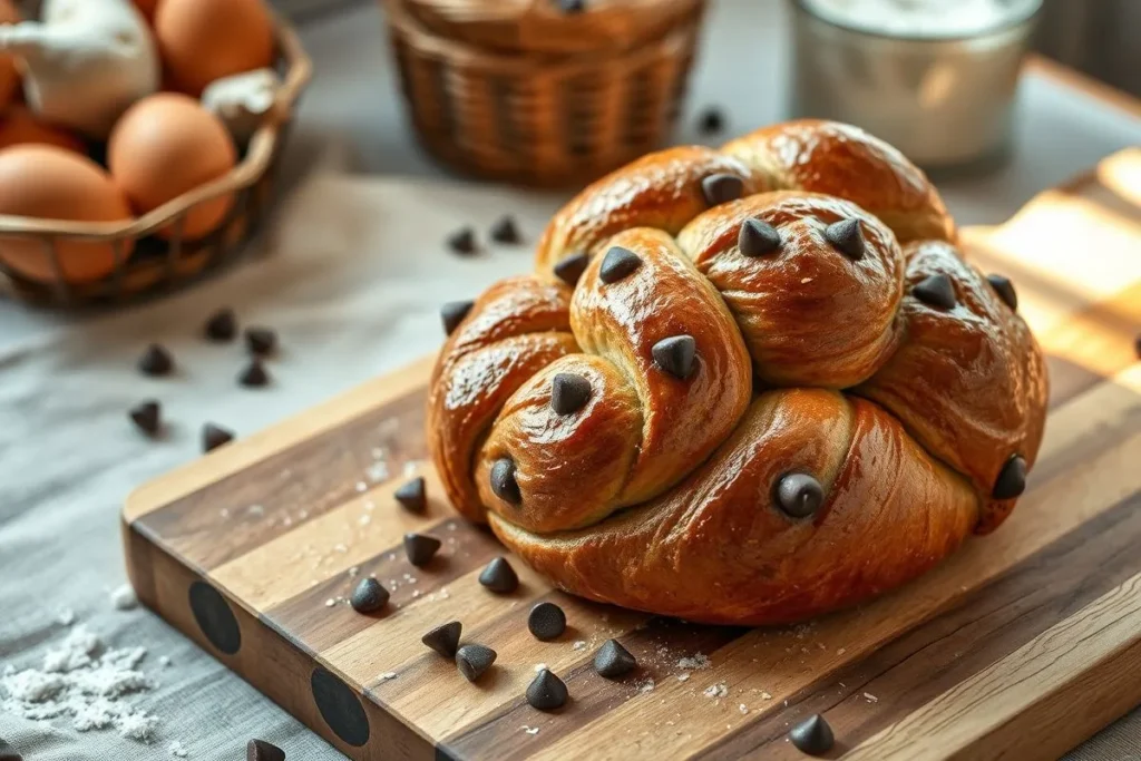 A freshly baked braided chocolate chip brioche recipe on a wooden cutting board