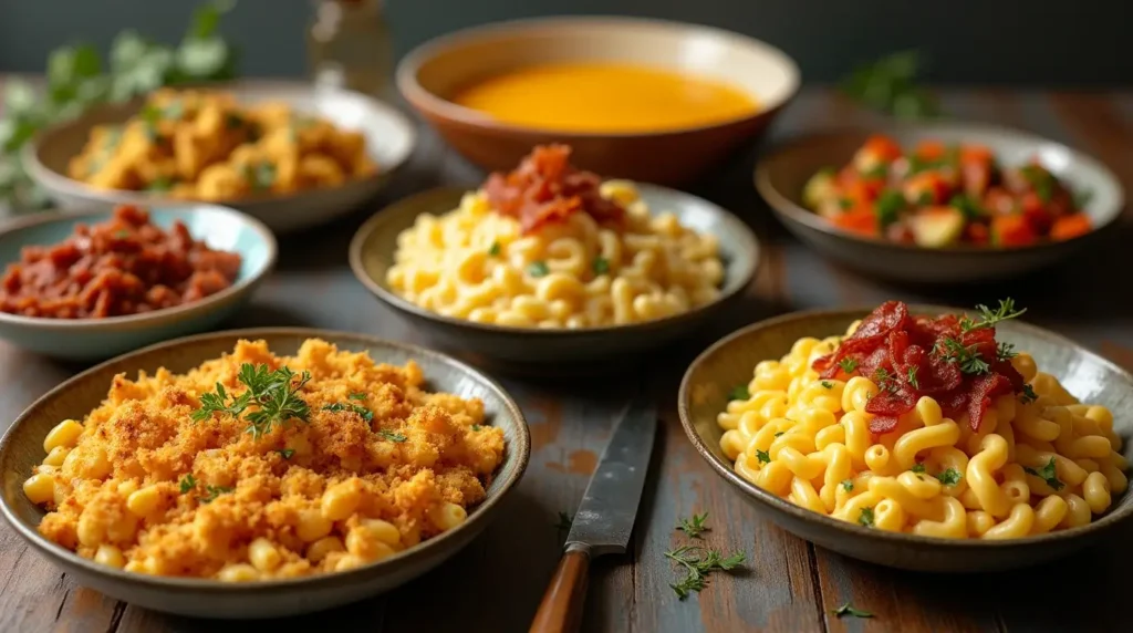 Creative serving ideas for mac and cheese, featuring dishes with breadcrumbs, bacon, and vegetables, garnished with fresh herbs in a cozy dining setting.