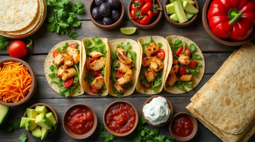 An assortment of taco and wrap ingredients, including grilled chicken, avocado, salsa, and fresh veggies, set on a rustic kitchen countertop for creative assembly ideas.