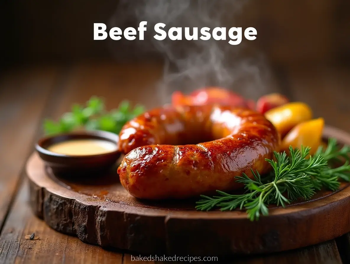 A sizzling beef sausage on a rustic wooden plate, garnished with herbs and served with roasted vegetables and dipping sauce.