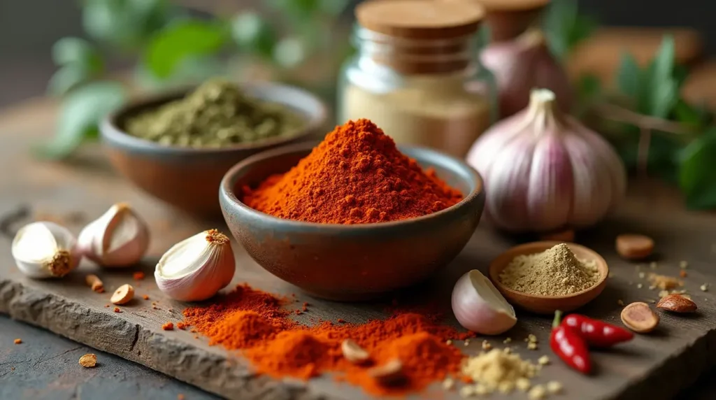 Wooden kitchen counter featuring bowls of smoked paprika, garlic powder, and onion powder surrounded by fresh garlic and dried herbs.