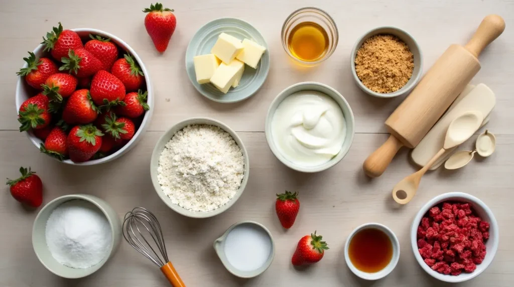 Flat-lay of ingredients for strawberry crunch cake, including fresh strawberries, crushed graham crackers, butter, cream cheese, vanilla extract, sugar, and flour on a wooden countertop.