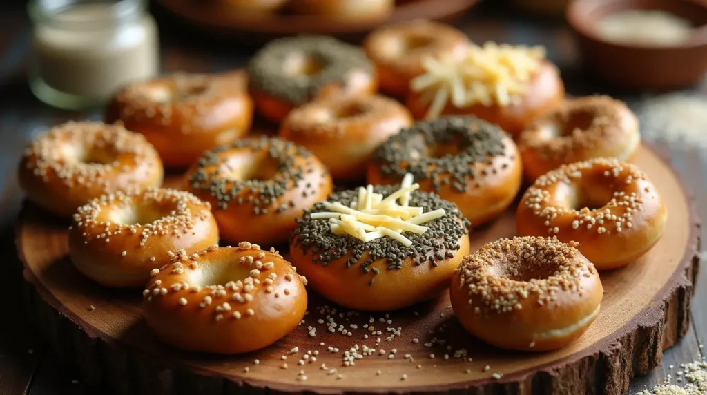 Freshly baked mini bagels topped with sesame seeds, poppy seeds, garlic flakes, shredded cheese, and everything bagel seasoning, arranged on a rustic wooden board.