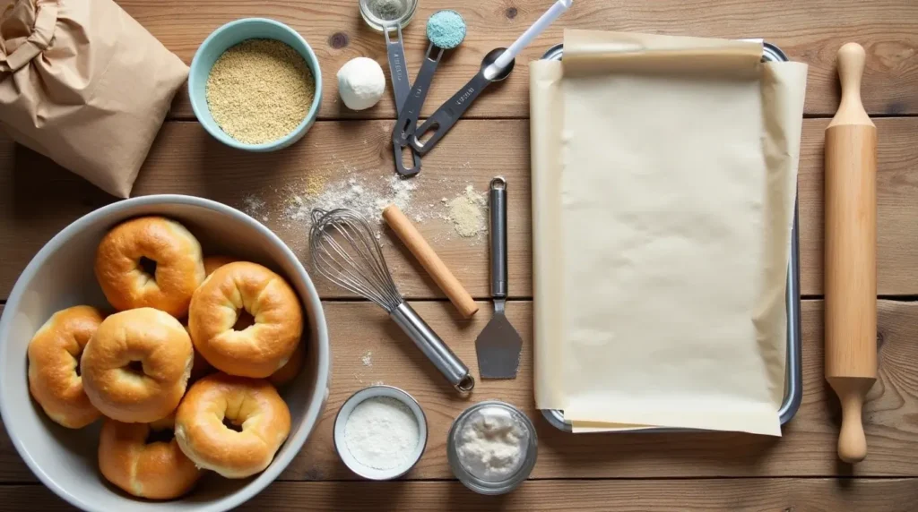 An overhead view of essential baking tools and equipment for making mini bagels. Display a wooden surface with neatly arranged items, including a mixing bowl, rolling pin, whisk, measuring spoons, dough scraper, baking sheet, and parchment paper. Include a small jar of yeast, a sack of flour, and a sprinkle of sesame seeds for detail. The setting is bright and inviting, emphasizing home baking.