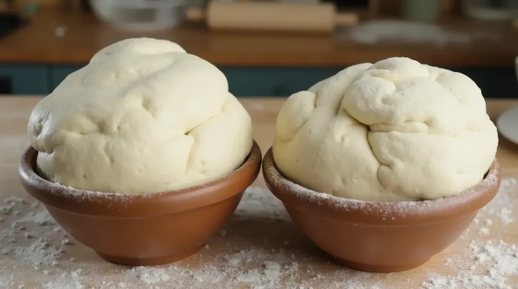 Two bowls of bread dough side by side, showing the difference between overproofed dough, which is puffy and collapsed, and underproofed dough, which is dense and tight, on a wooden kitchen counter with flour and baking tools.