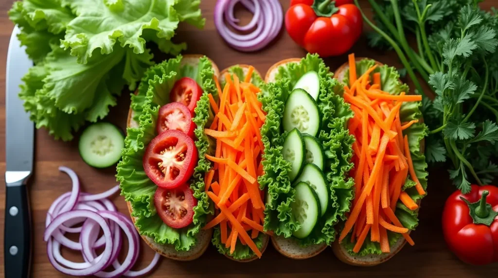 Flat-lay of fresh vegetables including lettuce, tomatoes, cucumbers, onions, carrots, and bell peppers on a wooden cutting board for making a knob sandwich.