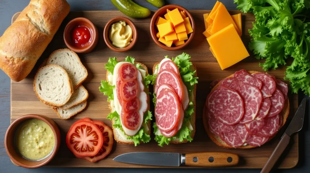 Fresh ingredients for a Dagwood Sandwich, including deli meats, cheese, lettuce, tomatoes, pickles, bread, and condiments arranged on a wooden table.