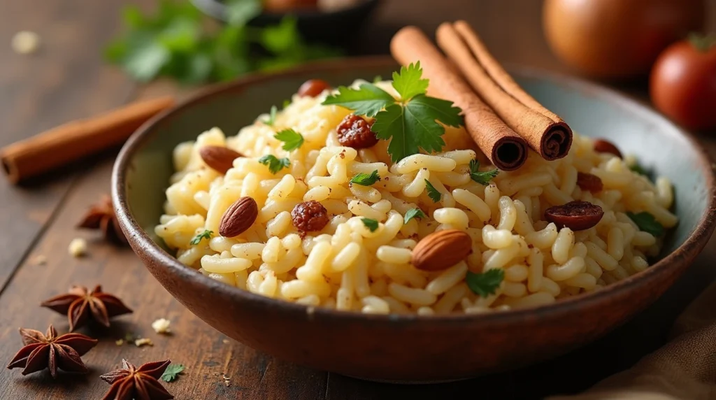 A rustic plate of savory rice infused with cinnamon sticks, garnished with fresh cilantro, toasted almonds, and raisins, styled with warm spices in the background.