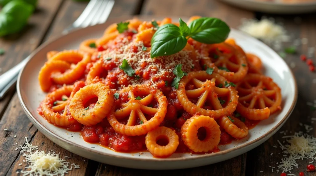 A plate of Spicy Wagon Wheel Pasta Arrabbiata garnished with fresh basil, served on a rustic table with Parmesan cheese and red pepper flakes on the side.