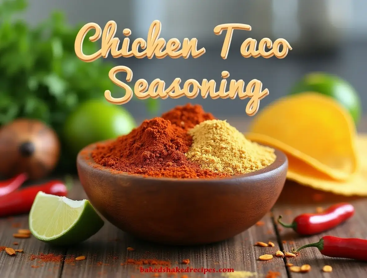 Rustic wooden bowl of chicken taco seasoning surrounded by fresh limes, cilantro, dried chilies, and taco shells, with 'Chicken Taco Seasoning' title on top and 'bakedshakedrecipes.com' at the bottom.