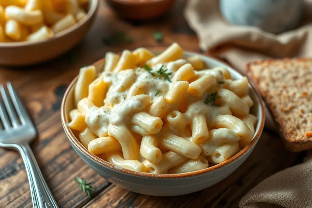 A close-up shot of a creamy white cheddar mac and cheese dish with a fork and sprinkle of thyme