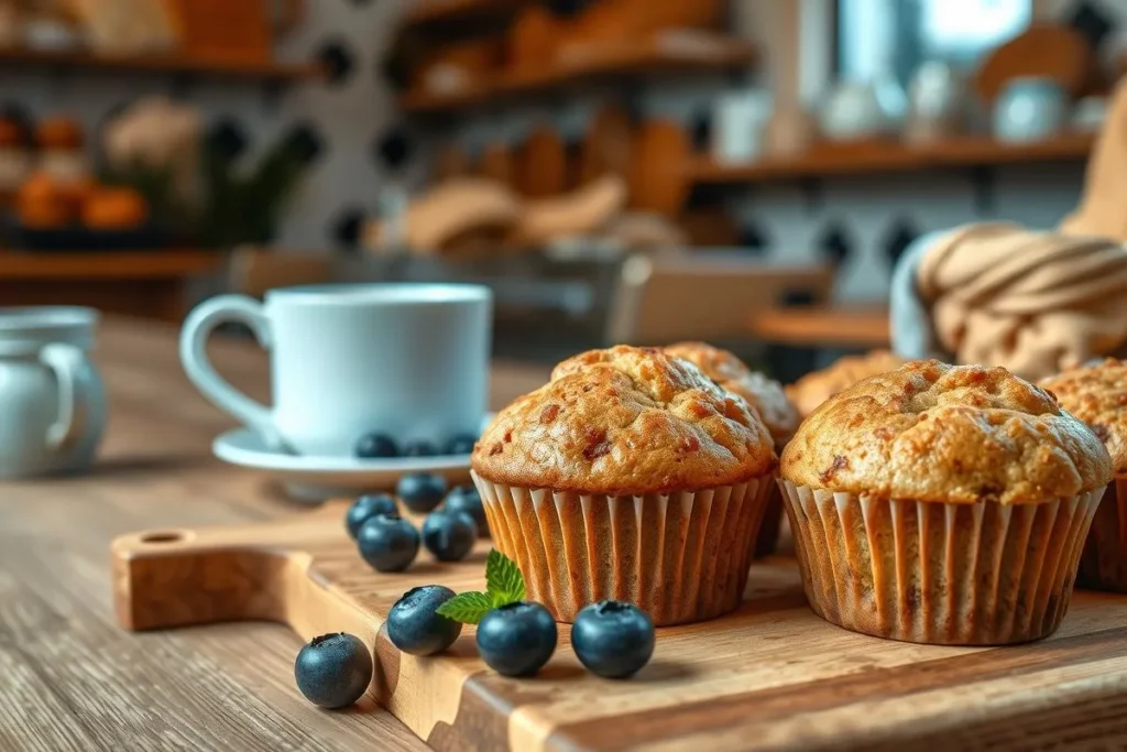 A photo of a delicious coffee cake muffin with a blueberry on top, on a wooden cutting board with a cup of coffee in the background.