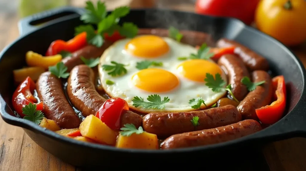 A rustic cast-iron skillet filled with beef sausages, sunny-side-up eggs, crispy potatoes, and colorful vegetables, garnished with parsley.