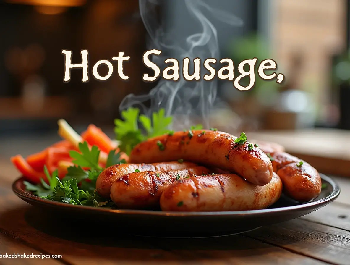 A plate of freshly grilled hot sausage with vegetables, garnished with parsley, served on a rustic wooden table.