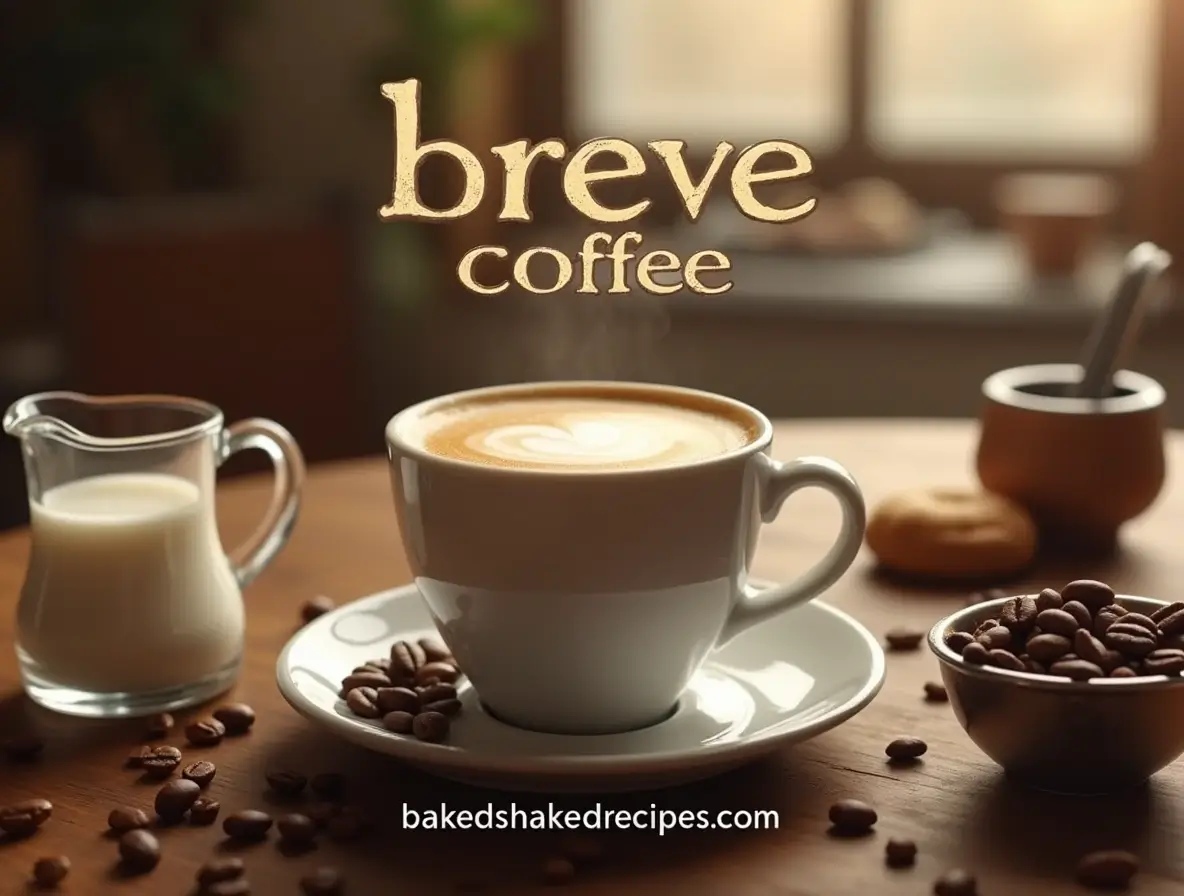 A creamy cup of breve coffee with a frothy layer on top, surrounded by coffee beans and a small pitcher of half-and-half on a wooden table.