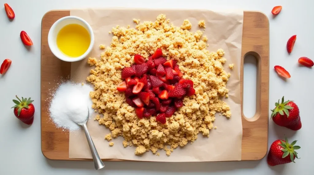 Flat-lay of crunch topping ingredients, including crumbled graham crackers, freeze-dried strawberries, melted butter, and sugar on a wooden cutting board.