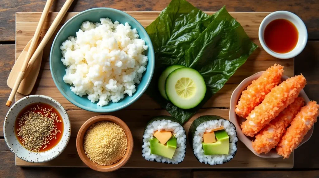 Fresh ingredients for making crunchy roll sushi, including sushi rice, nori sheets, tempura flakes, cucumber, avocado, crab sticks, sesame seeds, soy sauce, and spicy mayo, arranged on a wooden table with a sushi mat.