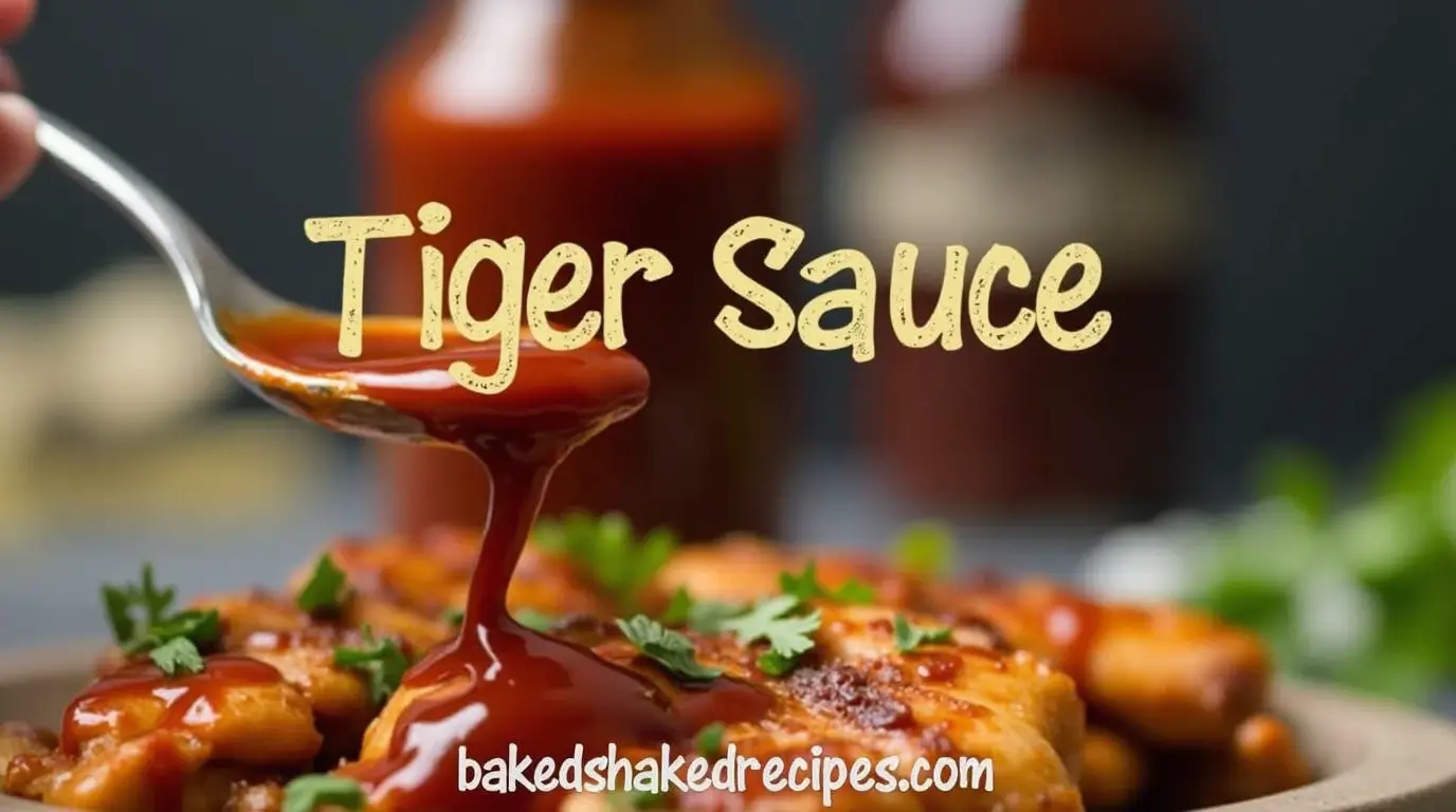 Close-up of tiger sauce bottle and grilled chicken with sauce drizzled on top, garnished with herbs.