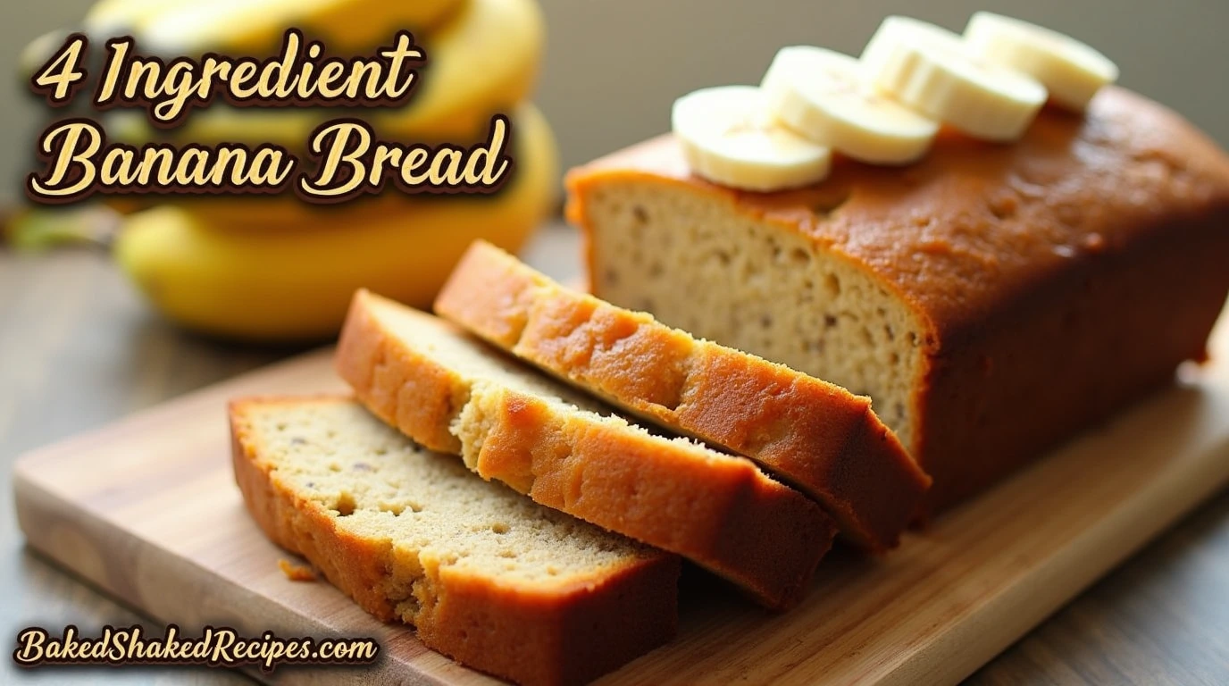 Freshly baked 4 ingredient banana bread with a soft, moist interior, sliced and placed on a rustic wooden table, with ripe bananas in the background.