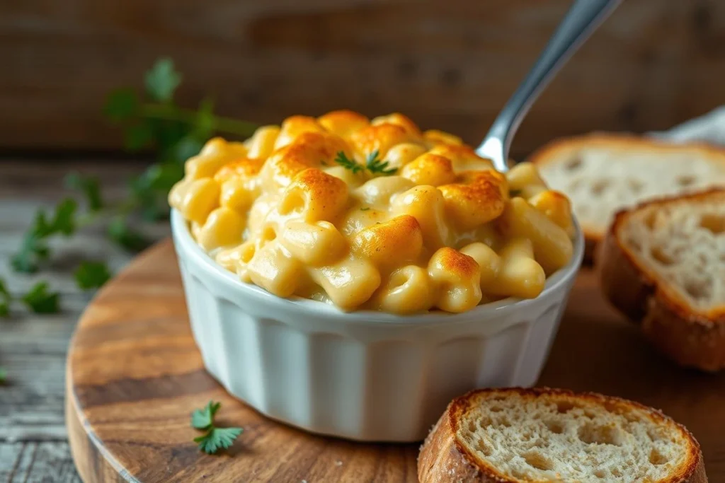 A photo of a creamy mac and cheese dish with a golden-brown crust and a sprinkle of parsley