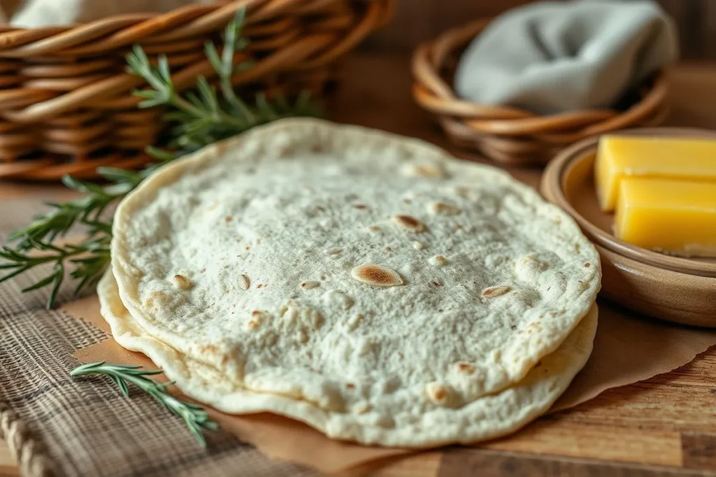 A warm, golden almond flour tortilla, fresh out of the kitchen, on a rustic wooden surface