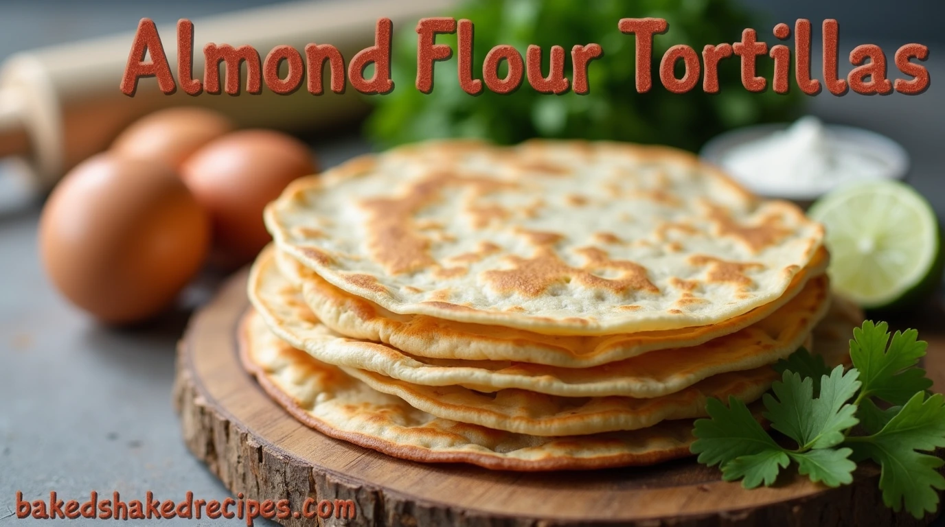 Golden brown almond flour tortillas stacked on a wooden board, with ingredients like almond flour and eggs in the background, garnished with cilantro and lime.