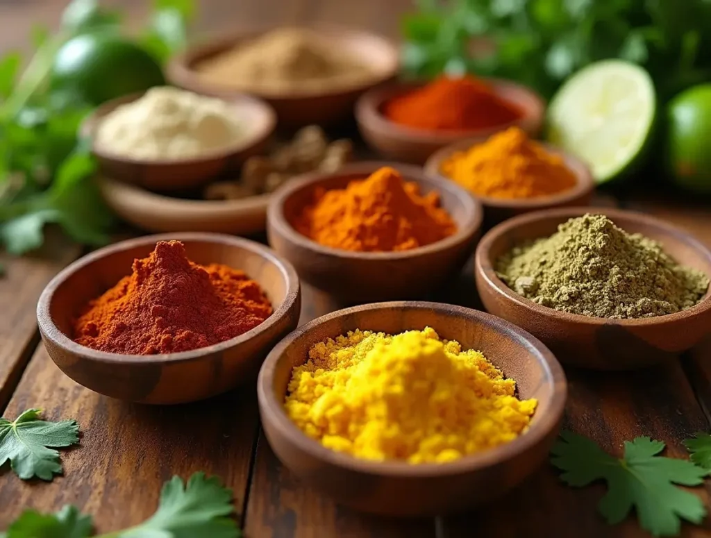 Assorted spices for chicken taco seasoning in wooden bowls, including cumin, paprika, chili powder, garlic powder, and onion powder, displayed on a rustic table with fresh herbs and lime slices.