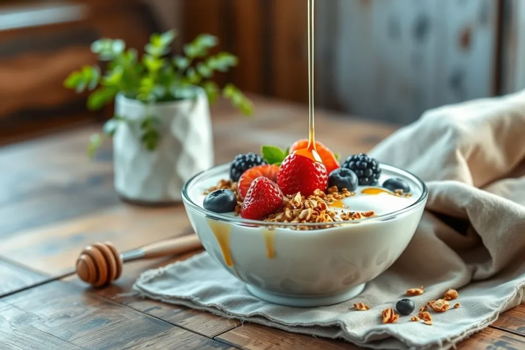 A bowl of almond milk yogurt topped with algae-based granola, fresh berries, and a drizzle of honey.