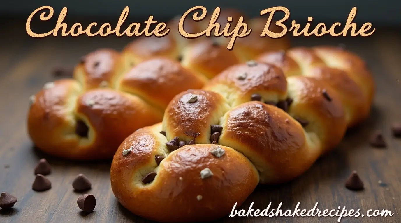 Braided chocolate chip brioche loaf with chocolate chips scattered on a rustic wooden table.