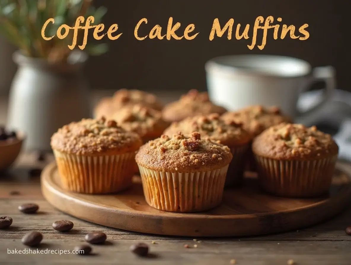 Freshly baked coffee cake muffins with a cinnamon sugar topping on a rustic wooden table, paired with a cup of coffee and scattered coffee beans.