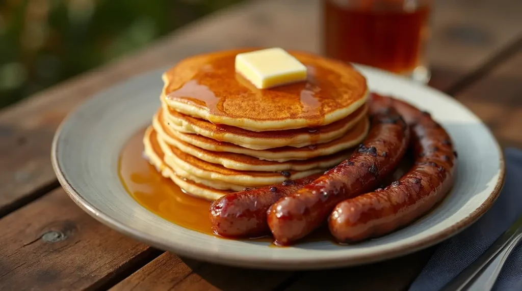 A delicious breakfast plate with golden pancakes topped with butter and maple syrup, accompanied by juicy, grilled beef sausages on a rustic wooden table.