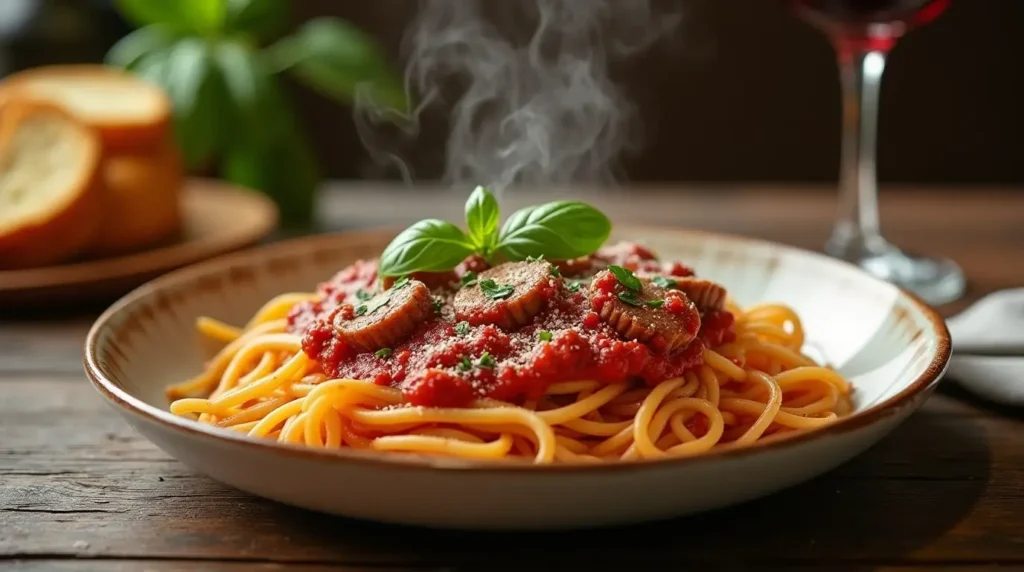 A plate of spicy Italian sausage pasta with marinara sauce, crumbled sausage, Parmesan cheese, and basil, served on a rustic table with garlic bread and wine.